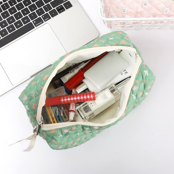 Women Kawaii Floral Cosmetic Large Travel Toiletry Cosmetic Pouch Creamy Green - Picture 5 of 8